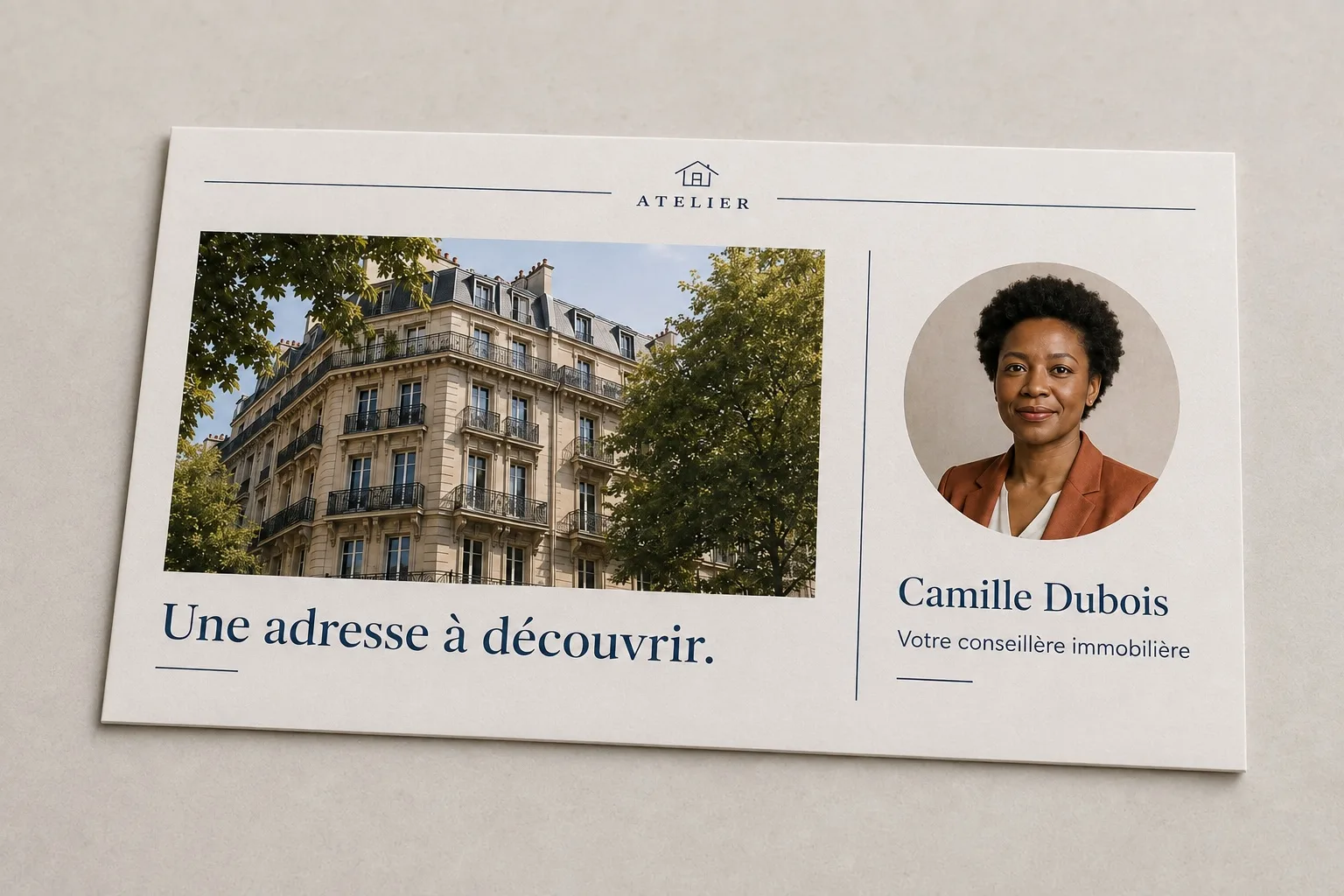 Carte ATELIER finalisée avec la photo de l'annonce et le portrait rond de Camille
