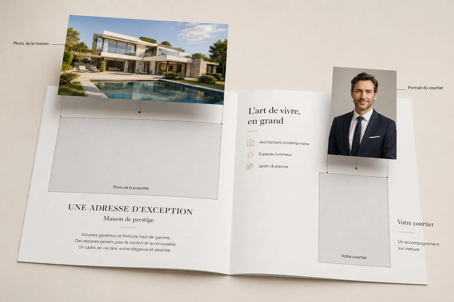Brochure immobilière ouverte : la photo d'une maison et le portrait du courtier sont présentés au-dessus de leurs zones respectives