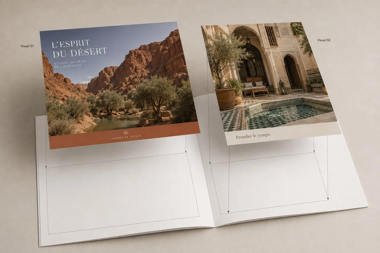 Vue éclatée d'une brochure de voyage : deux créations photographiques sont projetées sur les deux pages ouvertes, chacune dans sa perspective